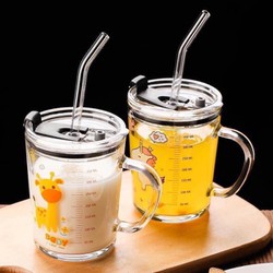 Combo 2 Cốc pha sữa thuỷ tinh chia vạch có nắp và ống hút