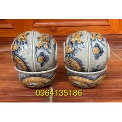 Set 6 Bát cơm thờ cúng men rạn đắp rồng nổi gốm sứ Bát Tràng