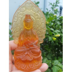 Tượng Phật BÀ QUAN ÂM MỚI ĐÁ LƯU LY VÀNG ĐẬM ĐỂ TRONG XE HƠI hoặc BÀN cao 12cm x đk 7cm x đế 5cm Mệnh KIM mệnh THỔ mệnh THUỶ ạcó 750k ạ