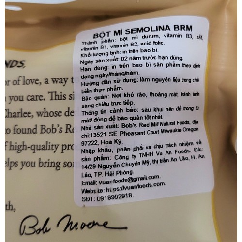 BỘT LÚA MÌ CỨNG SEMOLINA [USA] BOB’S RED MILL Durum Wheat Semolina Flour for Supers Pasta (vaf-hk)