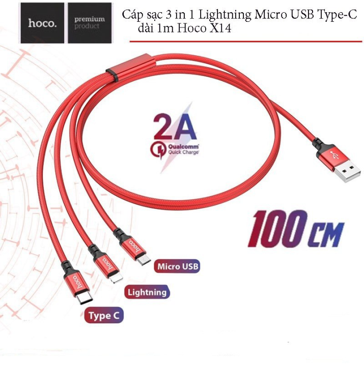 Cáp Sạc Hoco X14  3 Đầu Lightning, TypeC, Micro