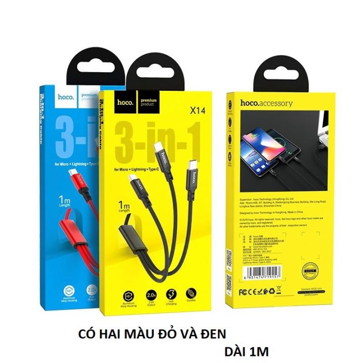 Cáp Sạc Hoco X14  3 Đầu Lightning, TypeC, Micro