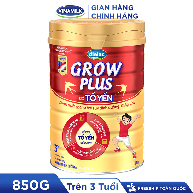 Sữa Bột Vinamilk Dielac Grow Plus có Tổ Yến 850g (cho trẻ trên 3 tuổi) -Hấp thu tốt tăng cân cao khỏe hỗ trợ Trẻ suy dinh dưỡng, thấp còi