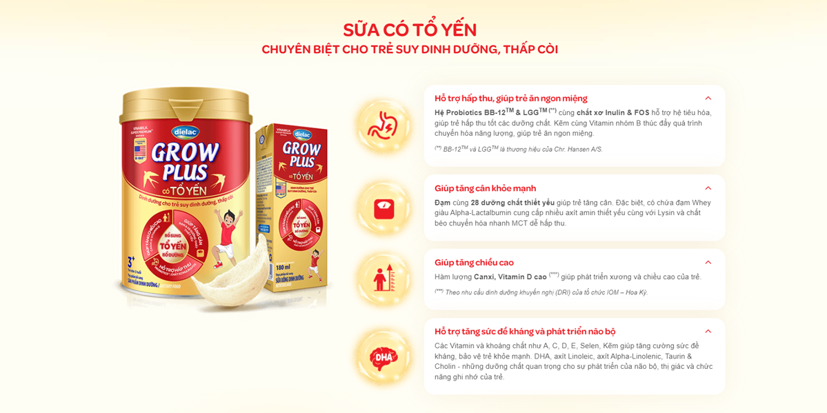 Sữa Bột Vinamilk Dielac Grow Plus có Tổ Yến 850g (cho trẻ trên 3 tuổi) -Hấp thu tốt tăng cân cao khỏe hỗ trợ Trẻ suy dinh dưỡng, thấp còi