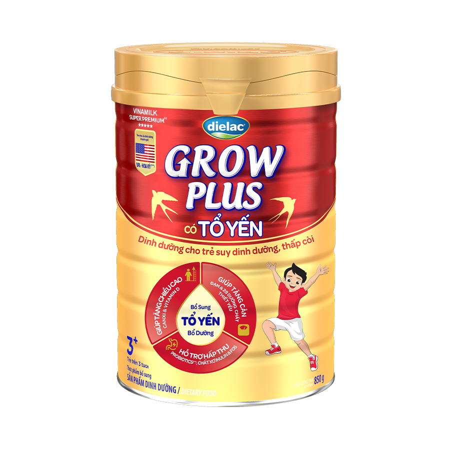Sữa Bột Vinamilk Dielac Grow Plus có Tổ Yến 850g (cho trẻ trên 3 tuổi) -Hấp thu tốt tăng cân cao khỏe hỗ trợ Trẻ suy dinh dưỡng, thấp còi