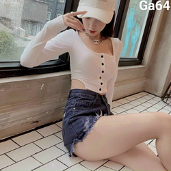 Áo thun nữ tay dài cổ u đính nút khoét eo borip lụa ga64