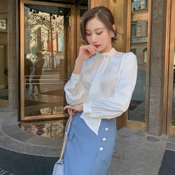 Áo sơ mi nữ trắng cổ đính ngọc dây nơ ao văn phòng chất lụa dài tay cho nàng phong cách mới  F007 - F007