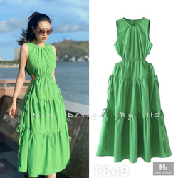 Đầm maxi lụa dáng dài sát nách xếp tầng khoét eo đi biển dạo phố dự tiệc lụa 100d T849