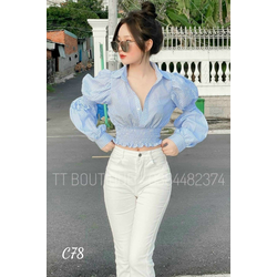 [Freeship]Áo kiểu nữ kate tay dài phồng cổ sơmi nhún eo cao cấp c78