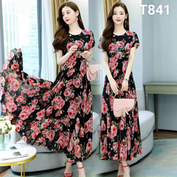 Đầm hoa hồng voan chifon dáng dài thiết kế nữ tính thời thượng