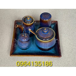 Set bộ gia vị men hoả biến xanh dương gốm sứ Bát Tràng