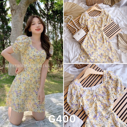 Đầm xoè hoa nhí màu vàng nhíu ngực chất liệu voan hoa G400
