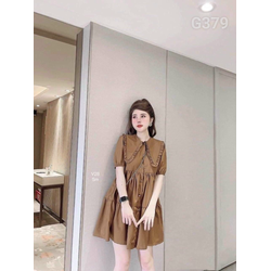 Đầm xoè baby doll cổ sen tay ngắn dáng xòe xếp tầng cao cấp voan lụa g374