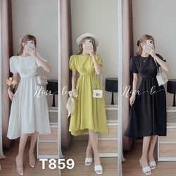 Đầm xoè nhún eo tay ngắn công chúa dạo phố đũi trơn nhẹ nhàng T859