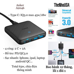 Sạc Anker 65W PowerPort III Slim-A2045 Công nghệ GaN và IQ3.0/Anker Powerport III Slim 63W GaN-IQ3.0/PPS-2C2A (A2046)