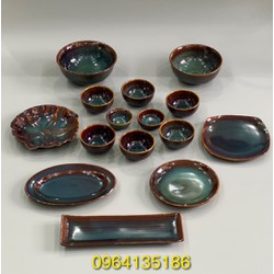Set bộ đồ ăn men hoả biến xanh lam gốm sứ Bát Tràng