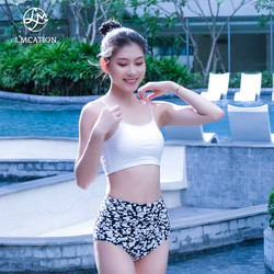Bộ đồ bikini LMcation - Áo bikini thể thao Elisa Màu trắng & Quần Bơi Nữ Kiểu Nhún Sasha Hoa Nhí Trắng Đen