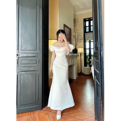 Đầm dự tiệc màu trắng phom body đuôi cá MITRIE váy cưới đi bàn
