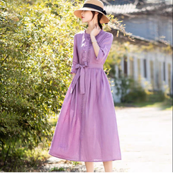 Đầm suông Linen nữ cổ trụ phối bèo sang trọng, màu tím cổ điển thanh lịch, tặng kèm dây thắt eo HN62