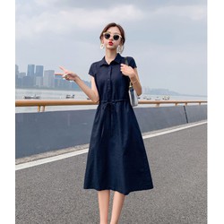 Đầm Linen cổ sơ mi, thiết kế tay hến xinh, dây rút eo tùy chỉnh, phong cách thanh lịch HN70