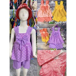 Bộ Bé Gái Chấm Bi Đính Nơ To,Size 6,5-15Kg,4 Tháng Đến 3 Tuổi Áo Quần Bé Gái Dễ Thương Vải Voan