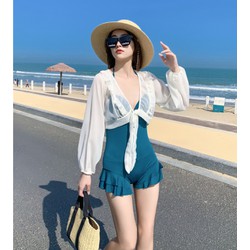 Bộ đồ bơi bikini nữ 1 mảnh giấu bụng tôn dáng đi tắm biển kèm áo ren trắng khoác ngoài chống nắng - B. 04