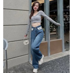 Quần jean nữ ống suông rộng lưng thêu