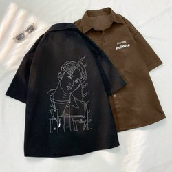 Áo sơ mi Tay Ngắn Chất Da Lộn, Logo In Hình Người Nam Nữ Couple mặc phong cách ULZZANG - Unisex