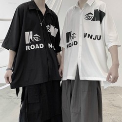 Áo sơ mi Lụa Tay Lỡ , Logo In Hình Con Mắt , RABBIT WORD Nam Nữ Couple Cặp Đôi mặc phong cách ULZZANG - Unisex