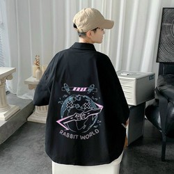 Áo sơ mi Lụa Tay Lỡ , Logo In RABBIT WORD , Hình Con Mắt Nam Nữ Couple mặc phong cách ULZZANG - Unisex