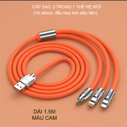 Cáp sạc đa năng thế hệ mới 3 in 1, lõi đồng, vỏ silicon, đầu bằng hợp kim rất bền, dài 1.5m