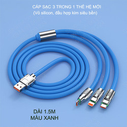 Cáp sạc điện thoại thế thệ mới 3 trong 1, lõi đồng vỏ silion rất bền, đầu bằng hợp kim, dài 1.5m