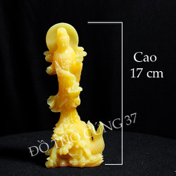 [ Size nhỏ , cao 17 cm ] Tượng Quan Âm Đứng Trên Cá Hóa Rồng [ Bột đá + composite ]