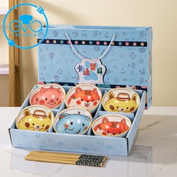 Bộ 6 Chén Sứ Hoạ Tiết Hoạt Hình Thú Cưng Cute Phong Cách Nhật Tặng Kèm 6 Đôi Đũa Tre Cao Cấp