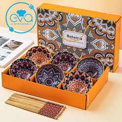 Bộ 6 Chén Sứ Hoạ Tiết Thổ Cẩm Bohemia Sang Trọng Tặng Kèm 6 Đôi Đũa Tre Cao Cấp