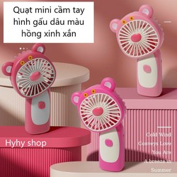 Quạt tích Điện cầm tay gấu dâu kèm dây sạc tiện lợi đi học, đi làm, dã ngoại
