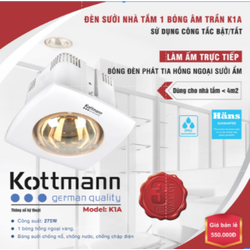 Đèn sưởi nhà tắm âm trần 1 bóng Kottmann K1A( Cam Kết Hàng Chính Hãng )