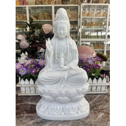 Tượng Phật Bà Quan Thế Âm Bồ Tát ngồi đài sen đá cẩm thạch trắng - Cao 40 cm