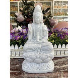 Tượng Phật Bà Quan Thế Âm Bồ Tát ngồi đài sen đá cẩm thạch trắng - Cao 30 cm