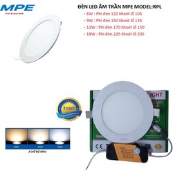 Đèn led âm trần Mpe 6W, 9W, 12W, 18W sáng 3 màu - trắng - vàng Model:RPL