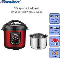 Nồi áp suất nắp liền 6L Ladomax HA-7866I tự động xả để ổn định áp suất, lòng inox 2 đáy chắc chắn và dễ vệ sinh