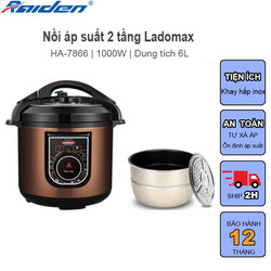 Nồi áp suất nắp liền 6L Ladomax HA-7866N tự động xả để ổn định áp suất, lòng nhôm chống dính, có khay inox 304 để hấp