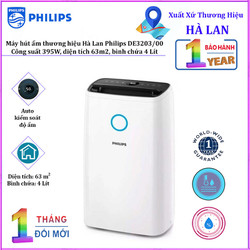 Máy hút ẩm Philips_DE3203/00, công suất 395W, dung tích bình chứa nước 4 Lít, diện tích sử dụng 63m2