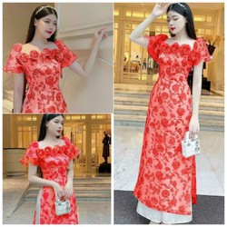 Set áo dài lụa 4 tà phối hoa cao cấp