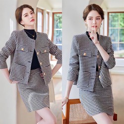 Set Áo Khoác Kèm Chân Váy Dạ Caro Trắng Đen Công Sở Thanh Lịch Cao Cấp BY4687