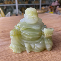 Tượng Cụ Di Lặc Đá Cười Hoan Hỉ Tay Cầm Thỏi Vàng Đá Ngọc Onix - cao 6.5cm, dài 7.5cm