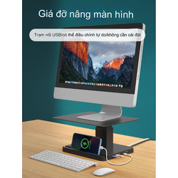 Bàn Kê Màn Hình Máy Tính Điều Chỉnh Nâng Hạ tích hợp giá đỡ điện thoại Steel Carbon USB Bus - đầy đủ các cổng kết nối