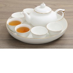 Bộ ấm trà khay tròn chỉ vàng bát tràng