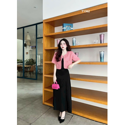 Set đầm body 2 dây kèm áo khoác vest tay lỡ màu y hình đầm nhung lạnh và áo khoác linen T1362
