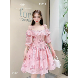 Đầm voan hoa dáng xoè bèo vai tay phồng lở có lót mút ngực 2 dây T1318